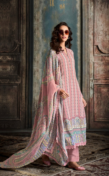 Pastel Pink Straight Cut Suit &amp; Digital Print &amp; Scalloped Embroidery