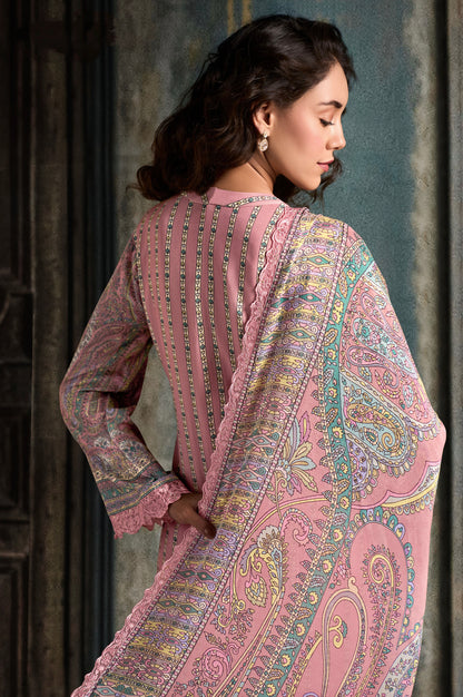 Pastel Pink Straight Cut Suit &amp; Digital Print &amp; Scalloped Embroidery