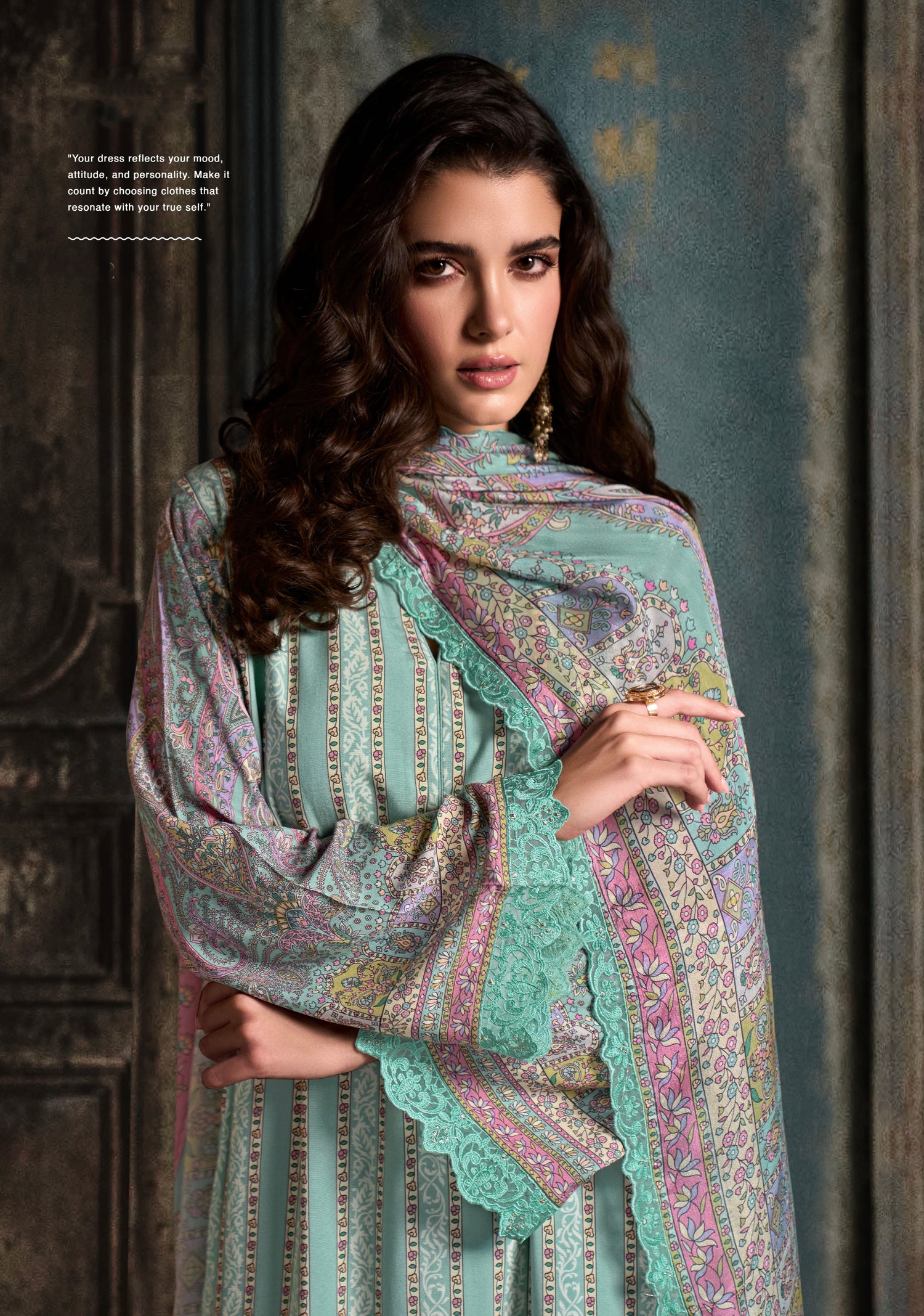 Mint Green Straight Cut Suit with Digital Print &amp; Scalloped Embroidery