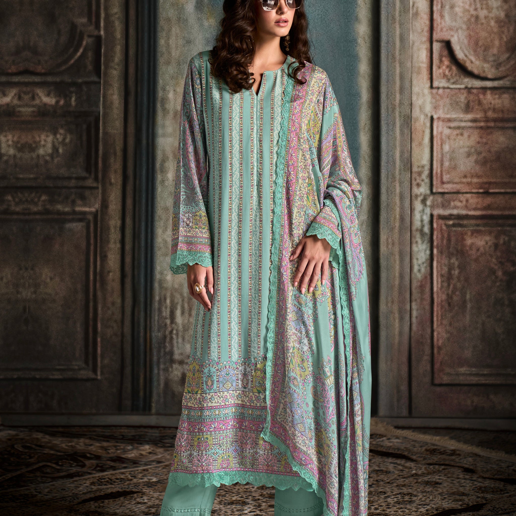 Mint Green Straight Cut Suit with Digital Print & Scalloped Embroidery
