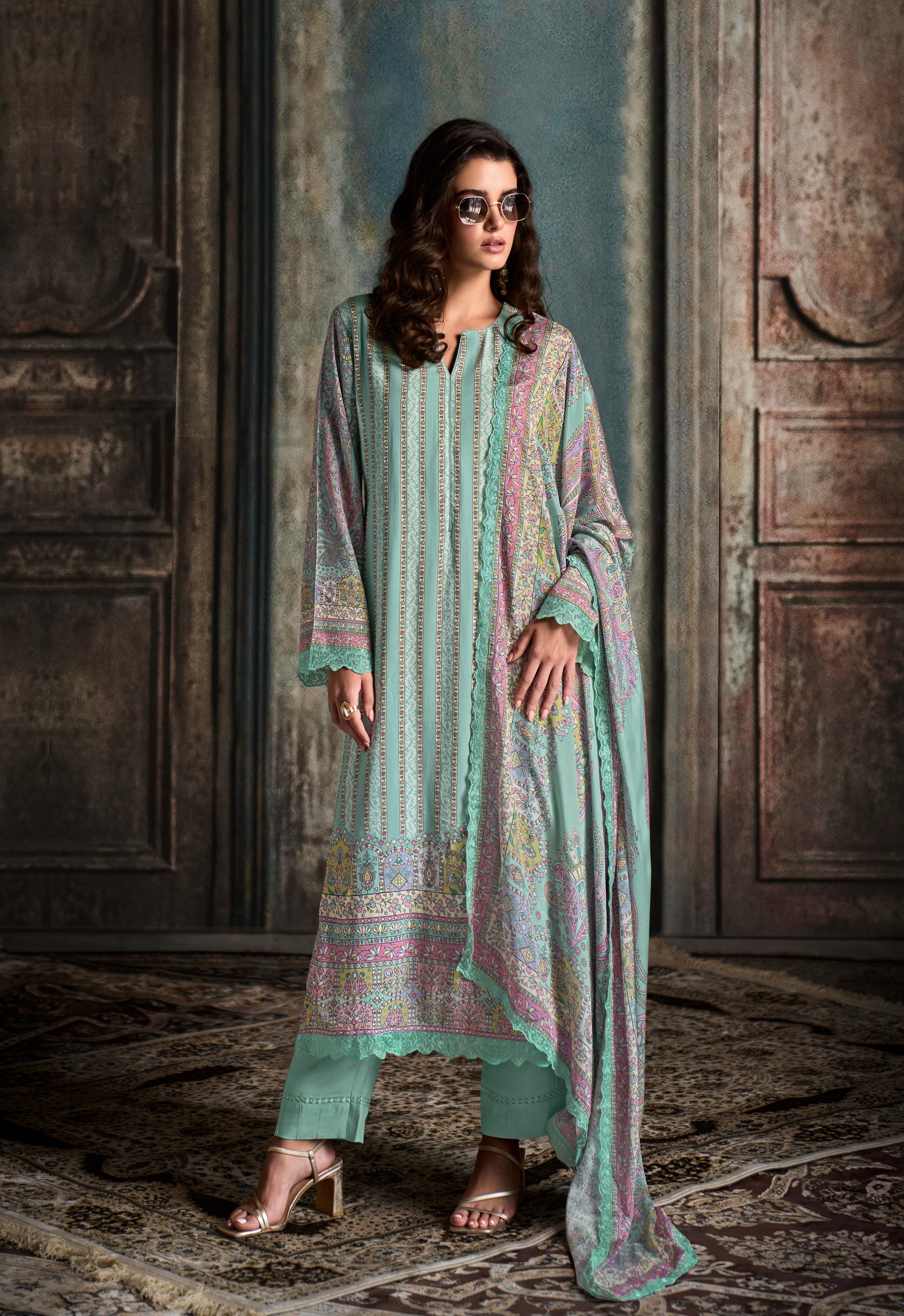 Mint Green Straight Cut Suit with Digital Print &amp; Scalloped Embroidery