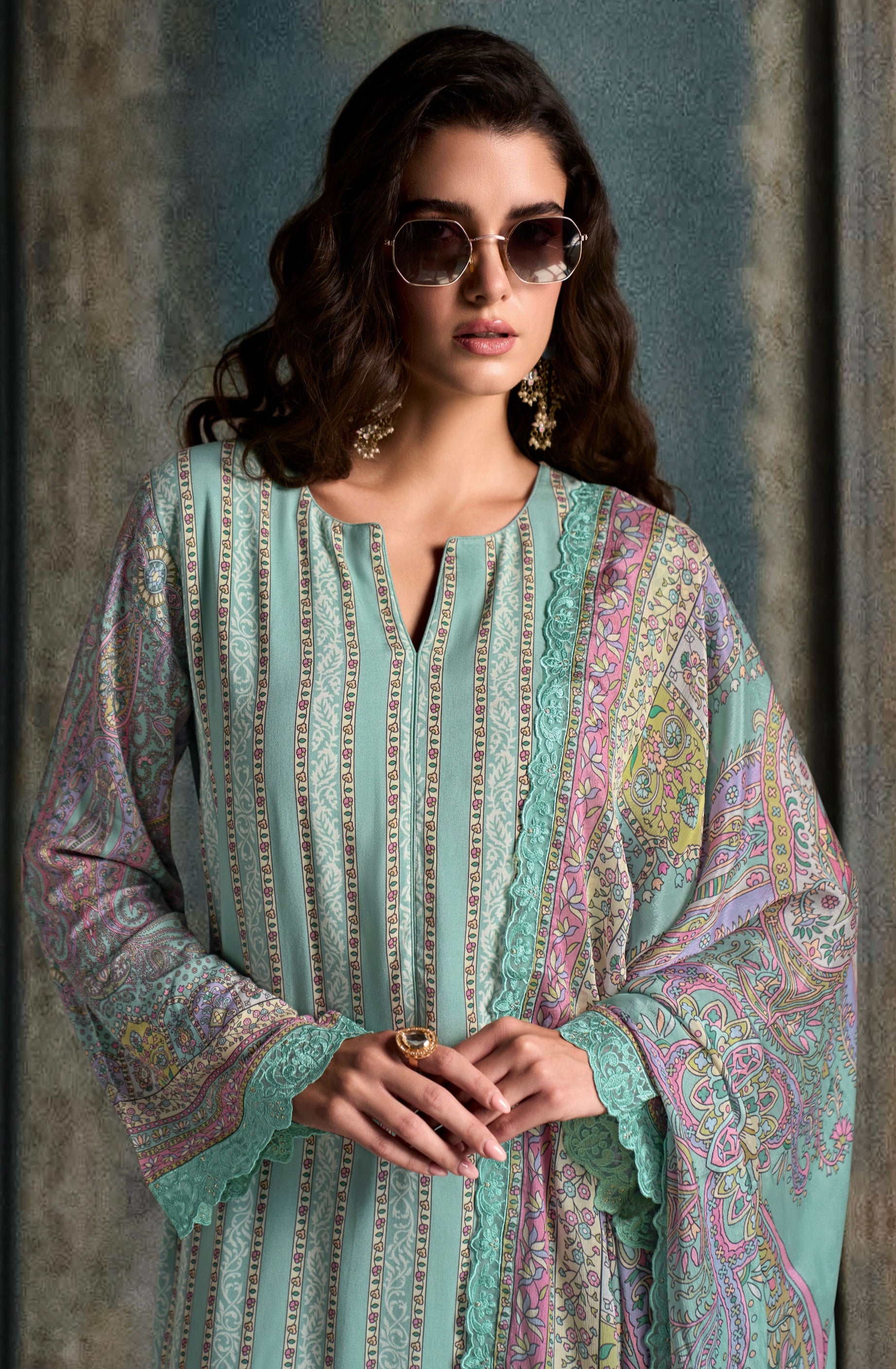 Mint Green Straight Cut Suit with Digital Print &amp; Scalloped Embroidery
