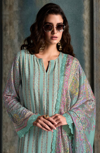 Mint Green Straight Cut Suit with Digital Print &amp; Scalloped Embroidery