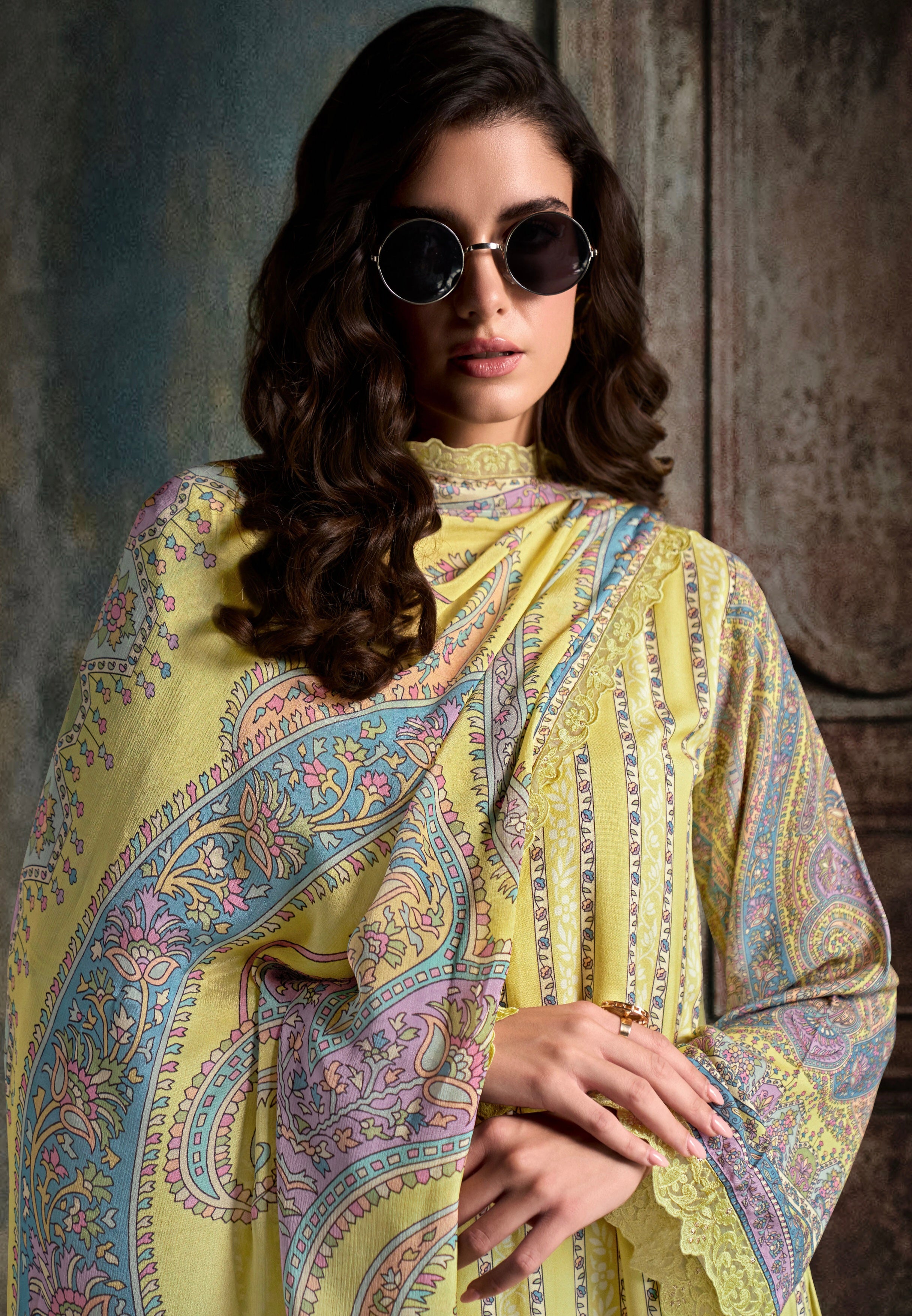 Lemon Yellow Straight Cut Suit &amp; Digital Print &amp; Scalloped Embroidery
