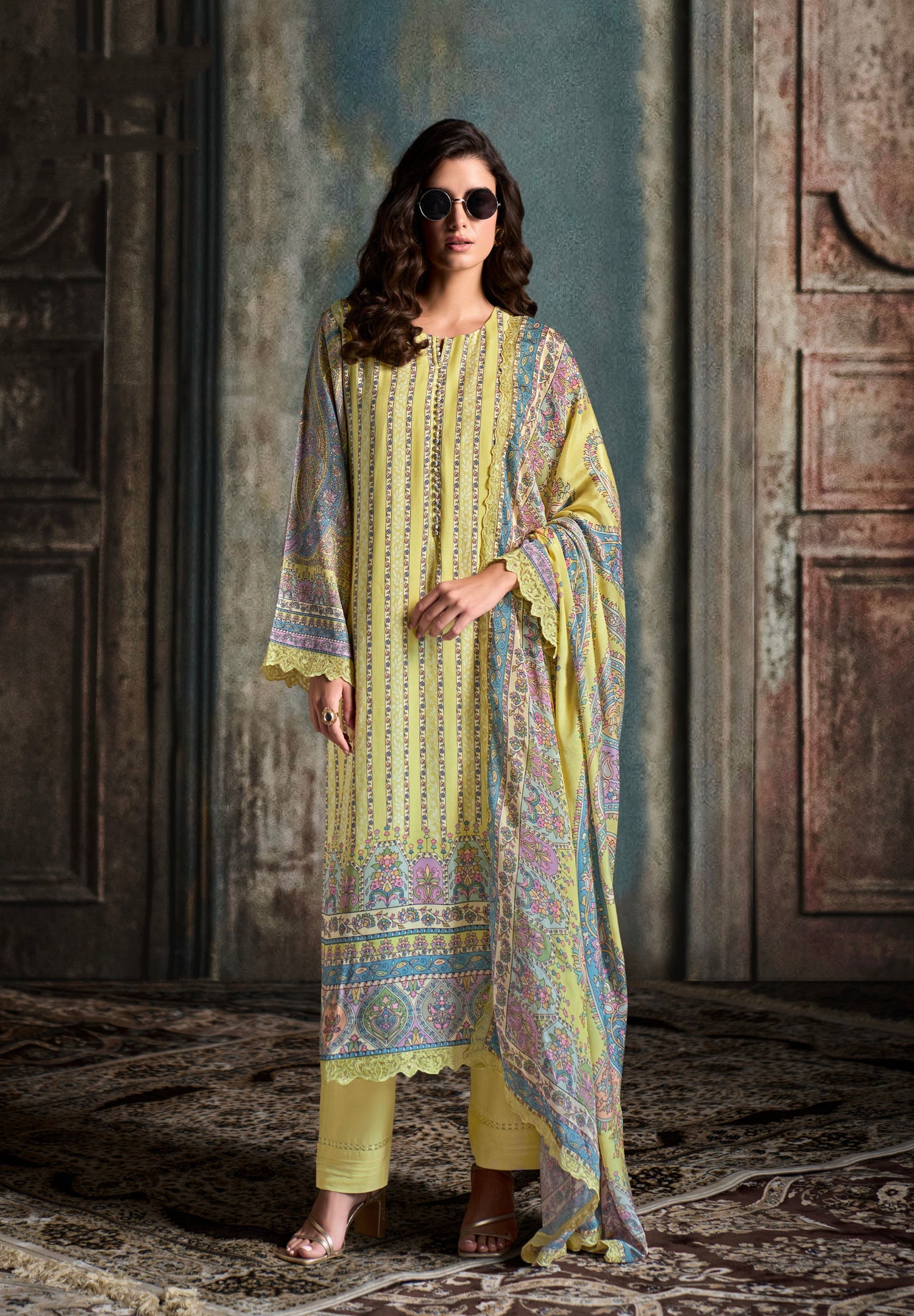 Lemon Yellow Straight Cut Suit &amp; Digital Print &amp; Scalloped Embroidery