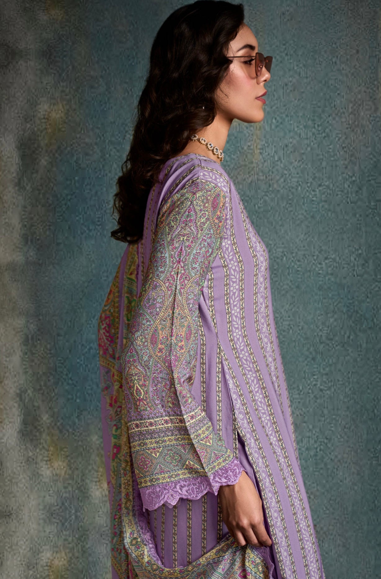 Lavender Straight Cut Suit with Digital Print &amp; Scalloped Embroidery