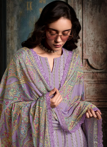 Lavender Straight Cut Suit with Digital Print &amp; Scalloped Embroidery