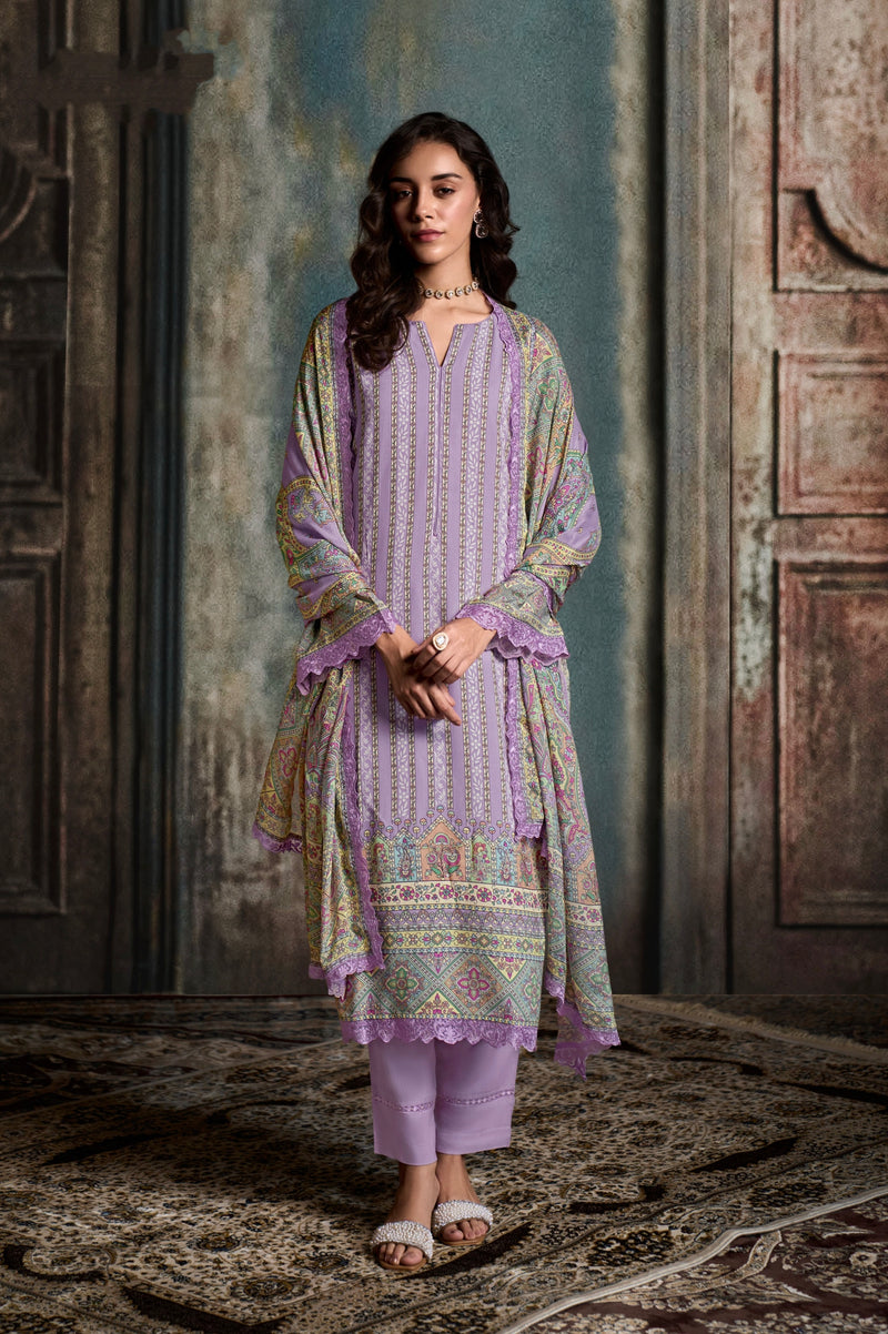 Lavender Straight Cut Suit with Digital Print & Scalloped Embroidery