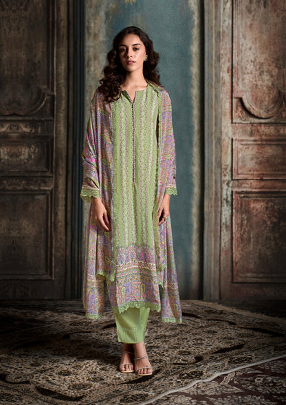 Pastel Green Straight Cut Suit &amp; Digital Print &amp; Scalloped Embroidery
