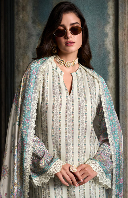 Ivory White Straight Cut Suit &amp; Digital Print &amp; Scalloped Embroidery