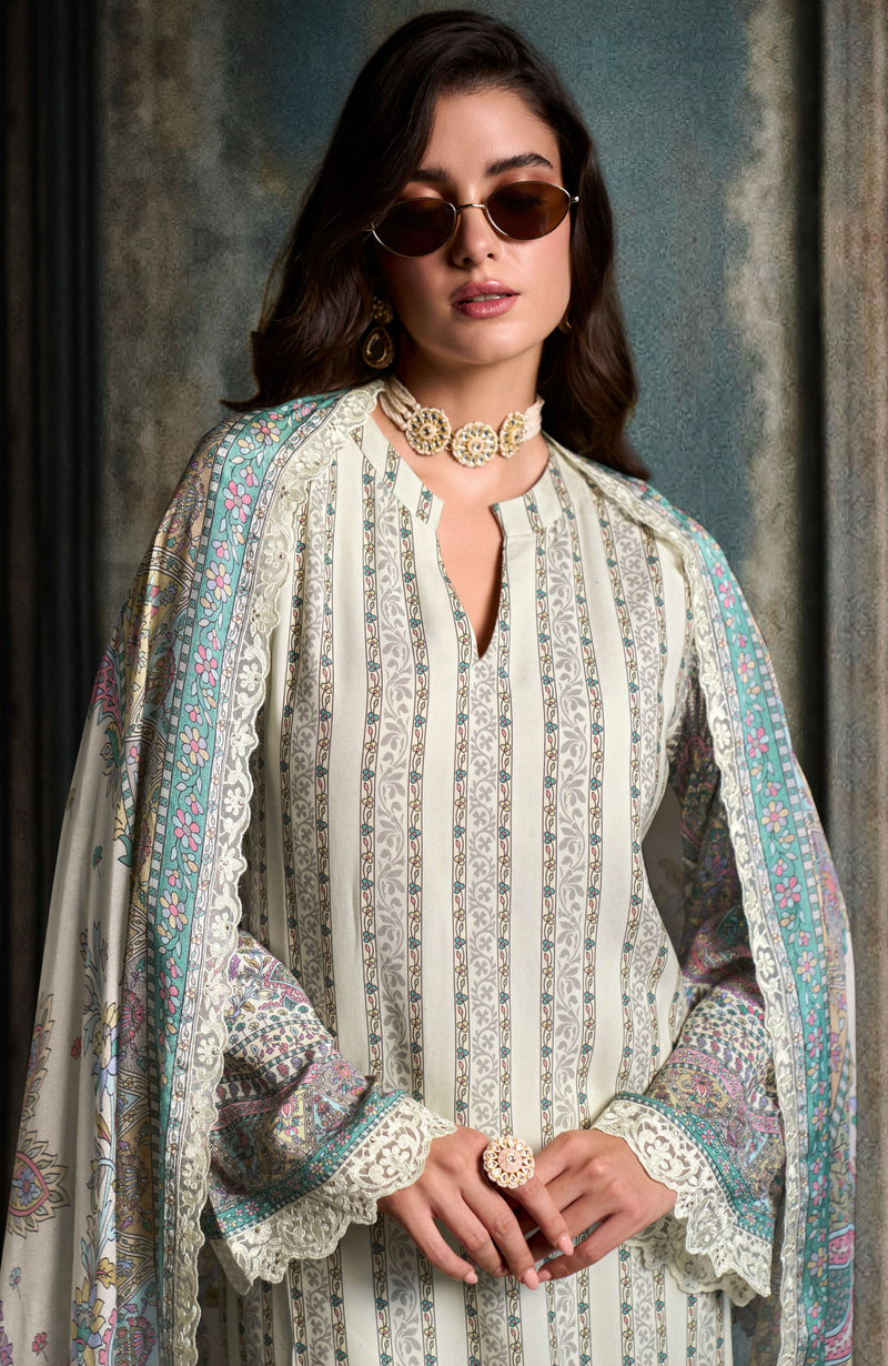 Ivory White Straight Cut Suit & Digital Print & Scalloped Embroidery