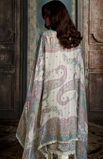 Ivory White Straight Cut Suit &amp; Digital Print &amp; Scalloped Embroidery