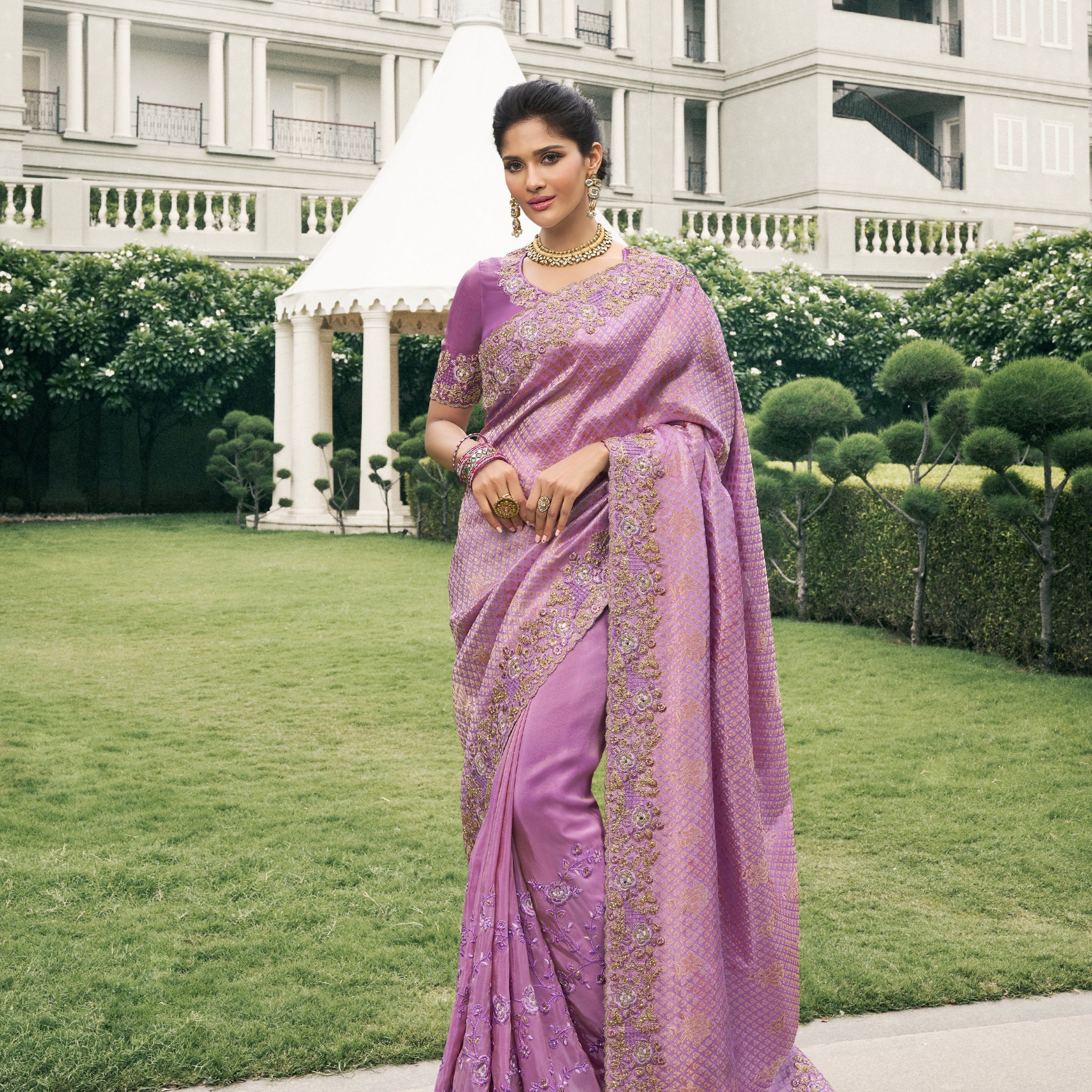 Lavender Pure Tissue Silk Saree with Zari Weaving & Mirror Work Border