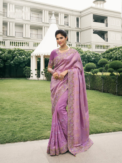 Lavender Pure Tissue Silk Saree with Zari Weaving &amp; Mirror Work Border