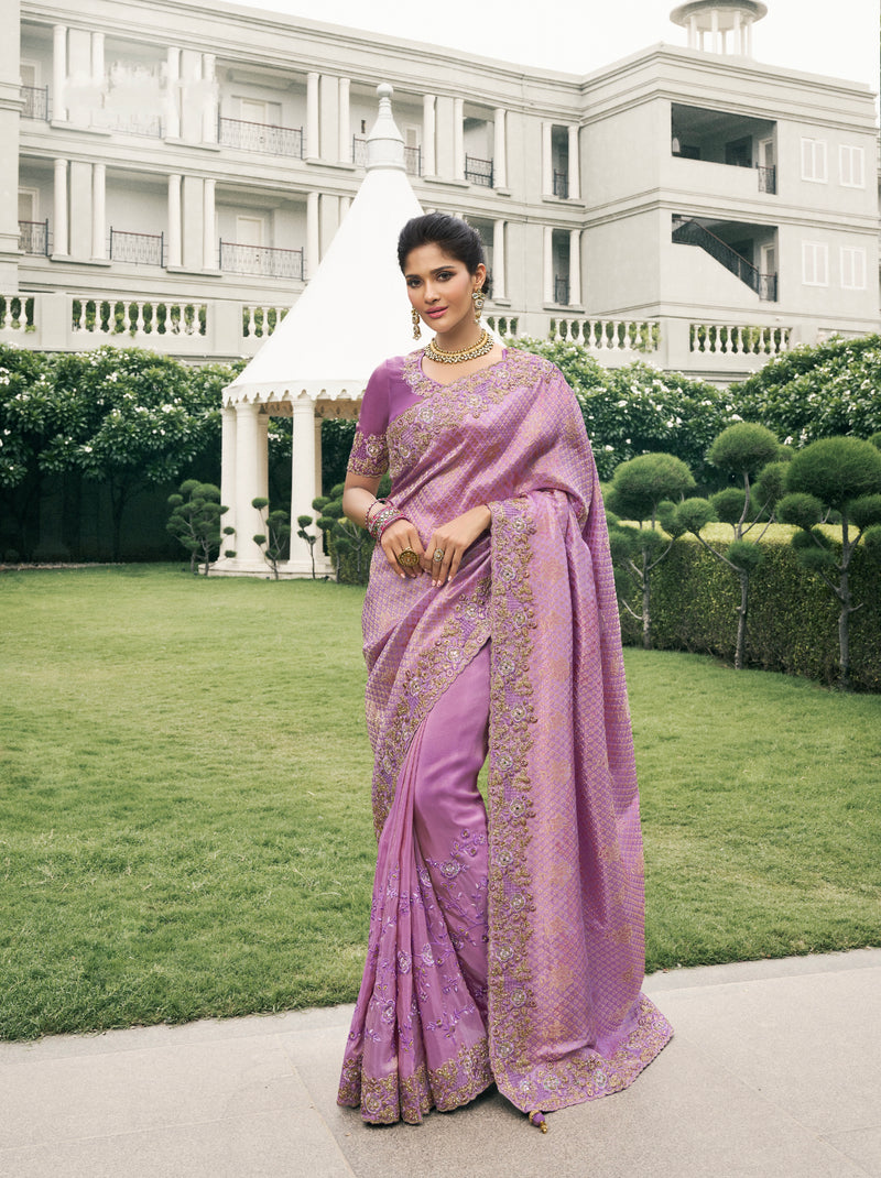 Lavender Pure Tissue Silk Saree with Zari Weaving & Mirror Work Border
