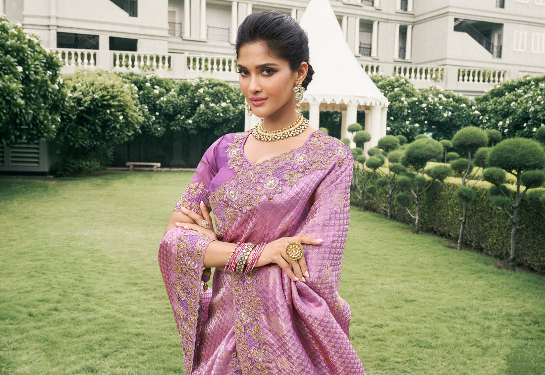 Lavender Pure Tissue Silk Saree with Zari Weaving & Mirror Work Border