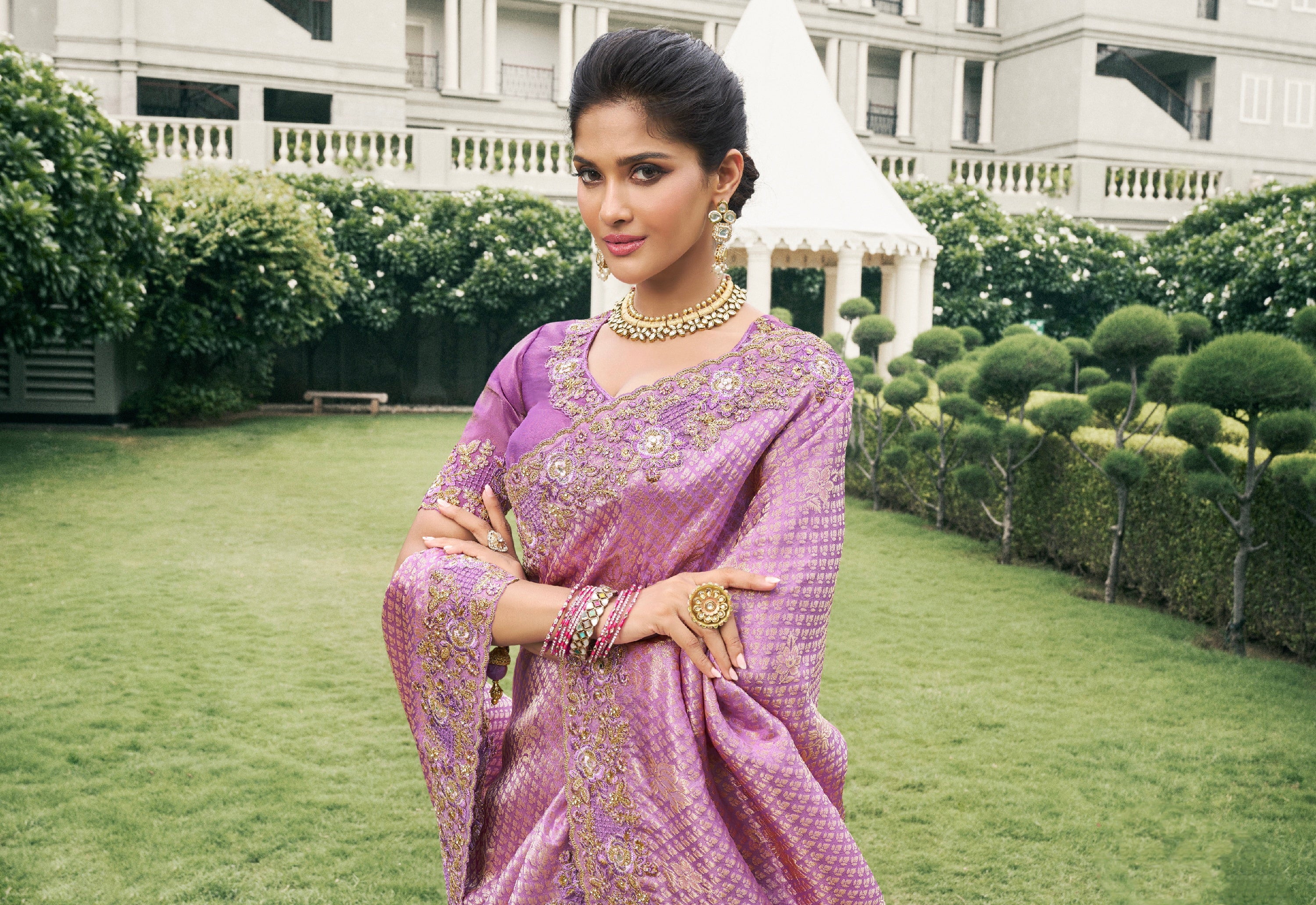 Lavender Pure Tissue Silk Saree with Zari Weaving & Mirror Work Border