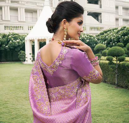 Lavender Pure Tissue Silk Saree with Zari Weaving &amp; Mirror Work Border