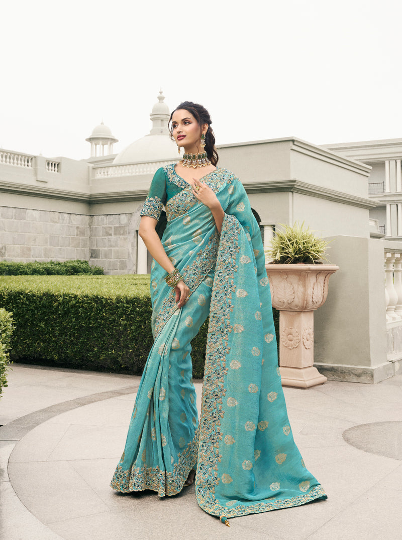 Sky Blue Tissue Silk Saree with Embroidered Mirror Border