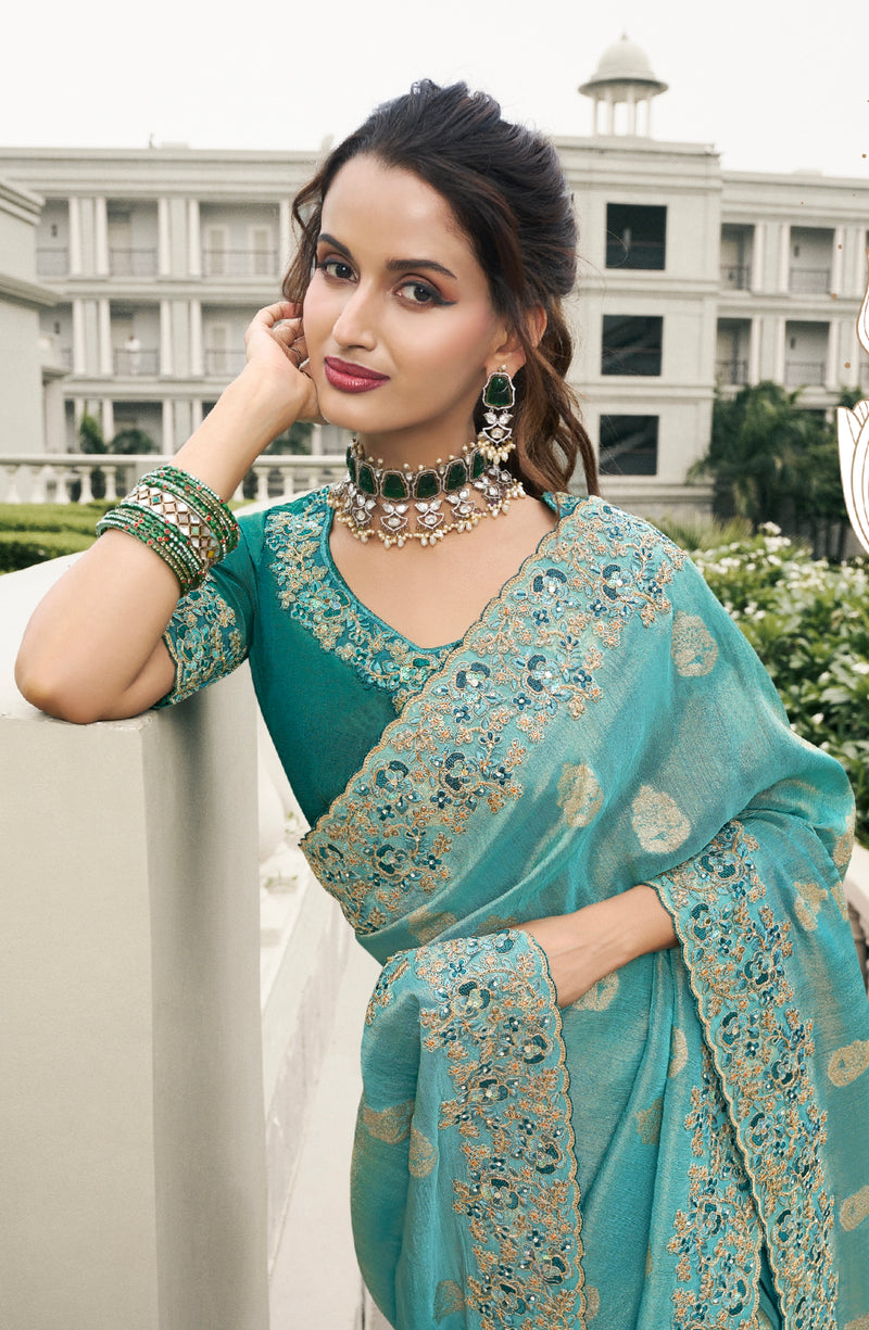 Sky Blue Tissue Silk Saree with Embroidered Mirror Border