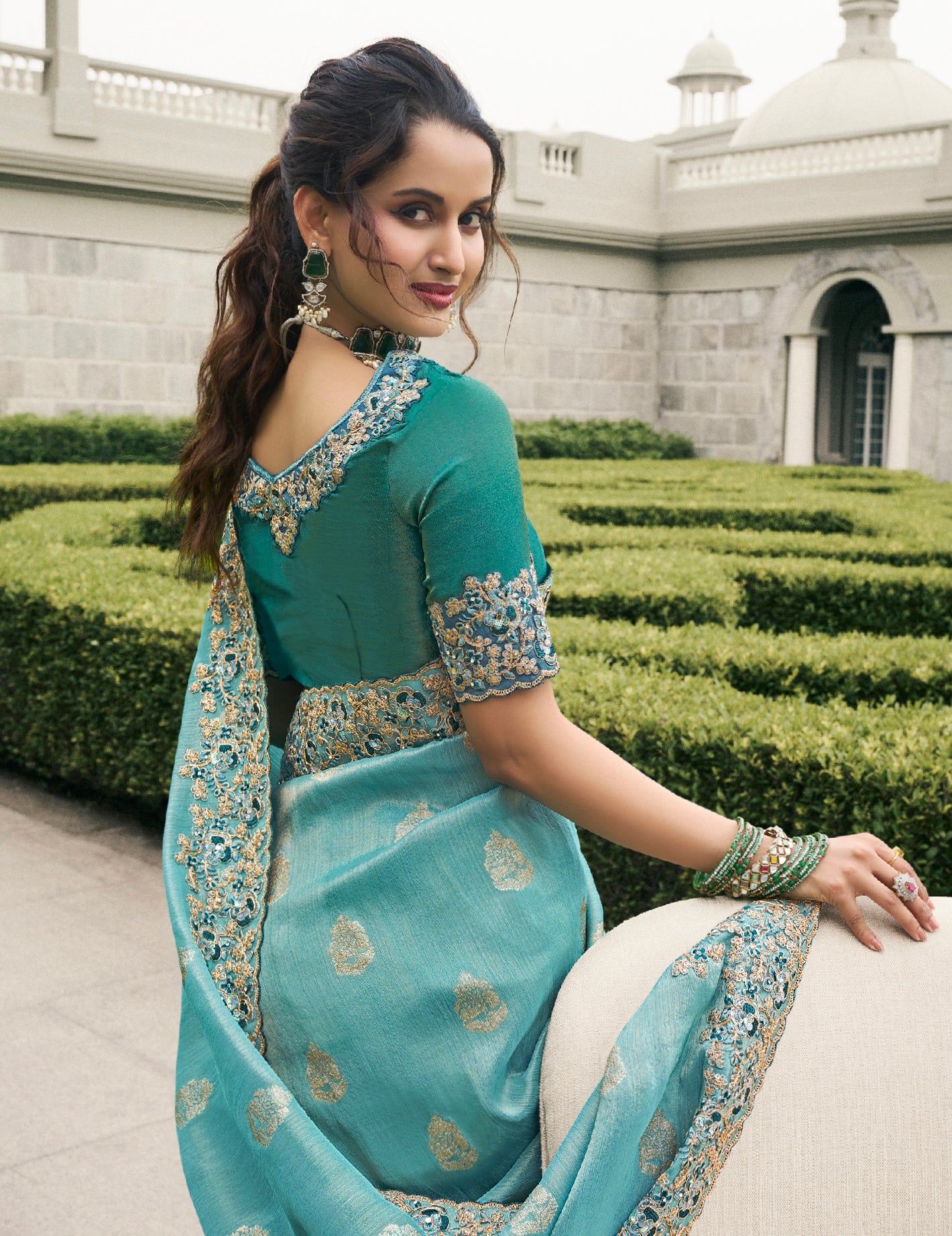 Sky Blue Tissue Silk Saree with Embroidered Mirror Border