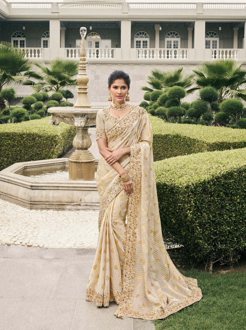 Ivory Pure Tissue Silk Saree with Pearl & Zari Weaving