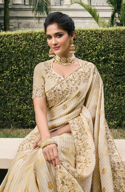 Ivory Pure Tissue Silk Saree with Pearl &amp; Zari Weaving