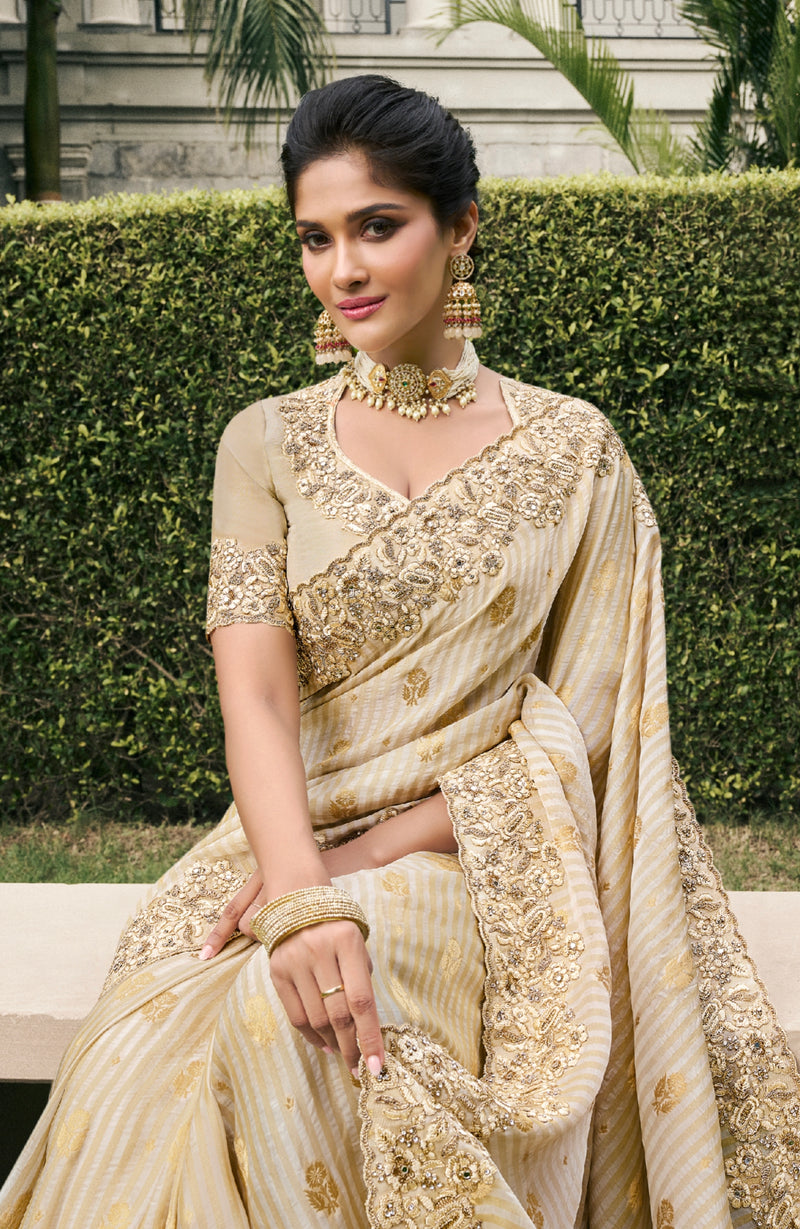 Ivory Pure Tissue Silk Saree with Pearl & Zari Weaving