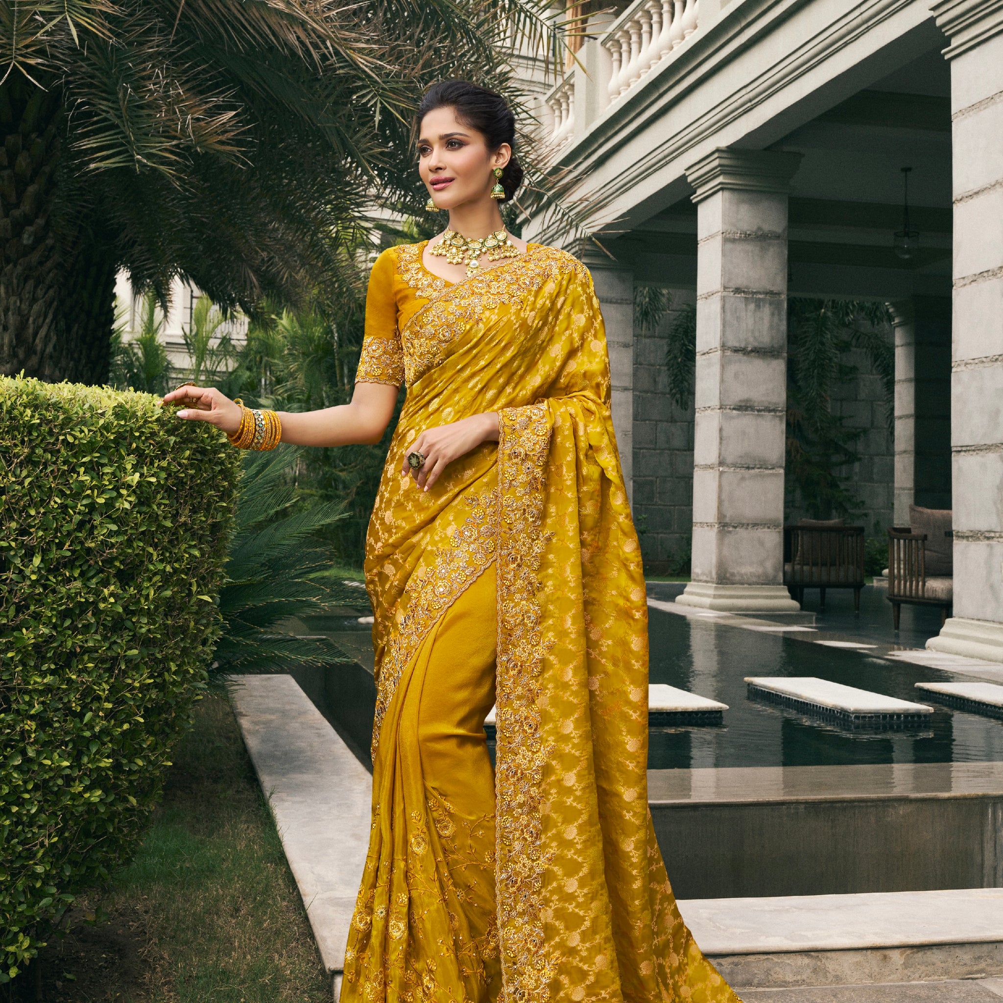 Mustard Yellow Tissue Silk Saree with Real Mirror Embroidery