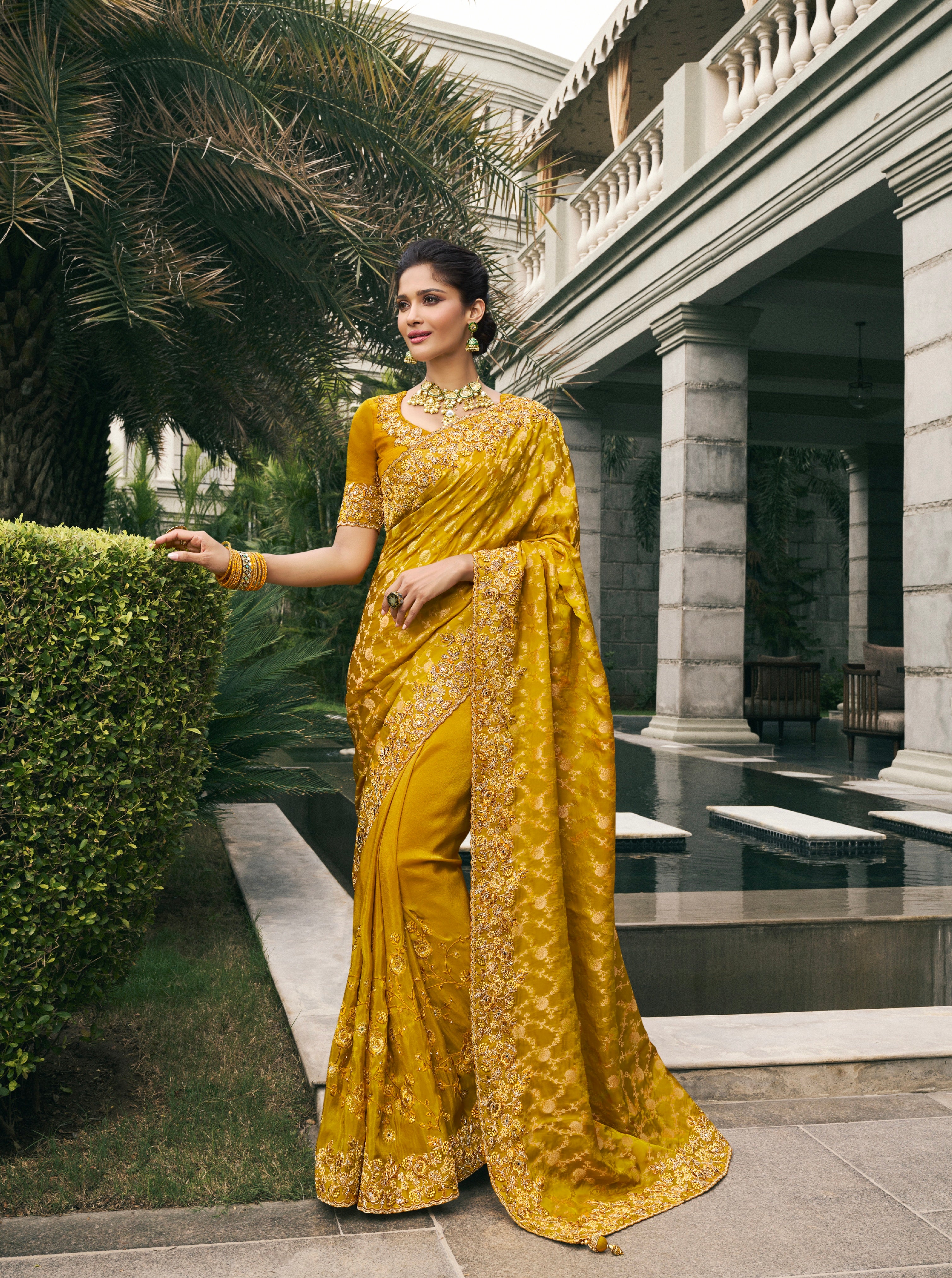 Mustard Yellow Tissue Silk Saree with Real Mirror Embroidery