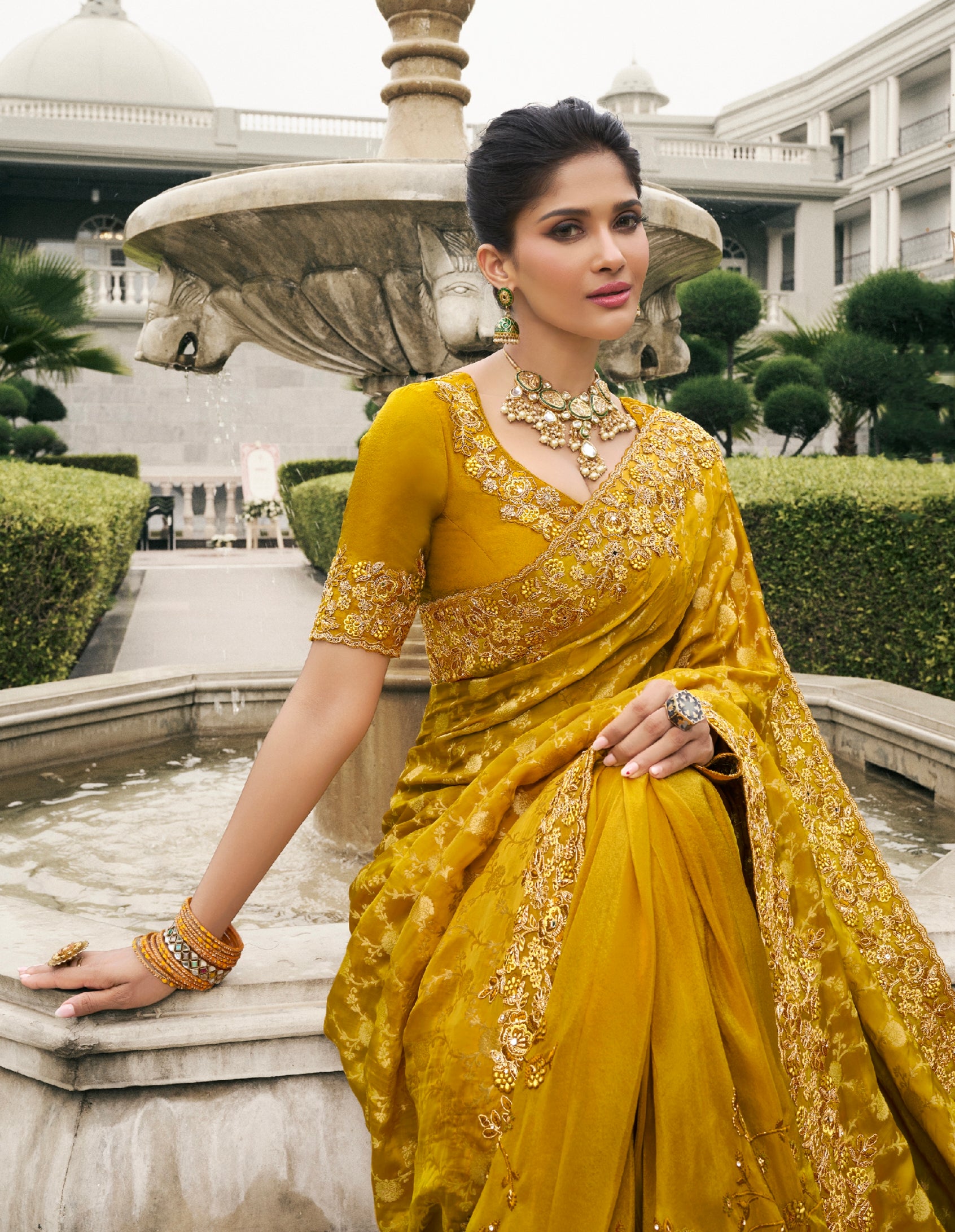 Mustard Yellow Tissue Silk Saree with Real Mirror Embroidery