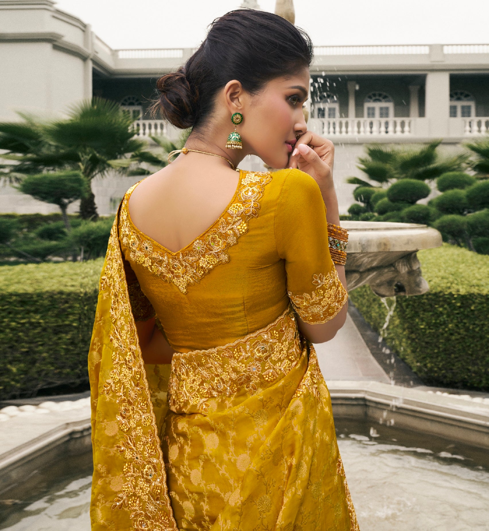 Mustard Yellow Tissue Silk Saree with Real Mirror Embroidery