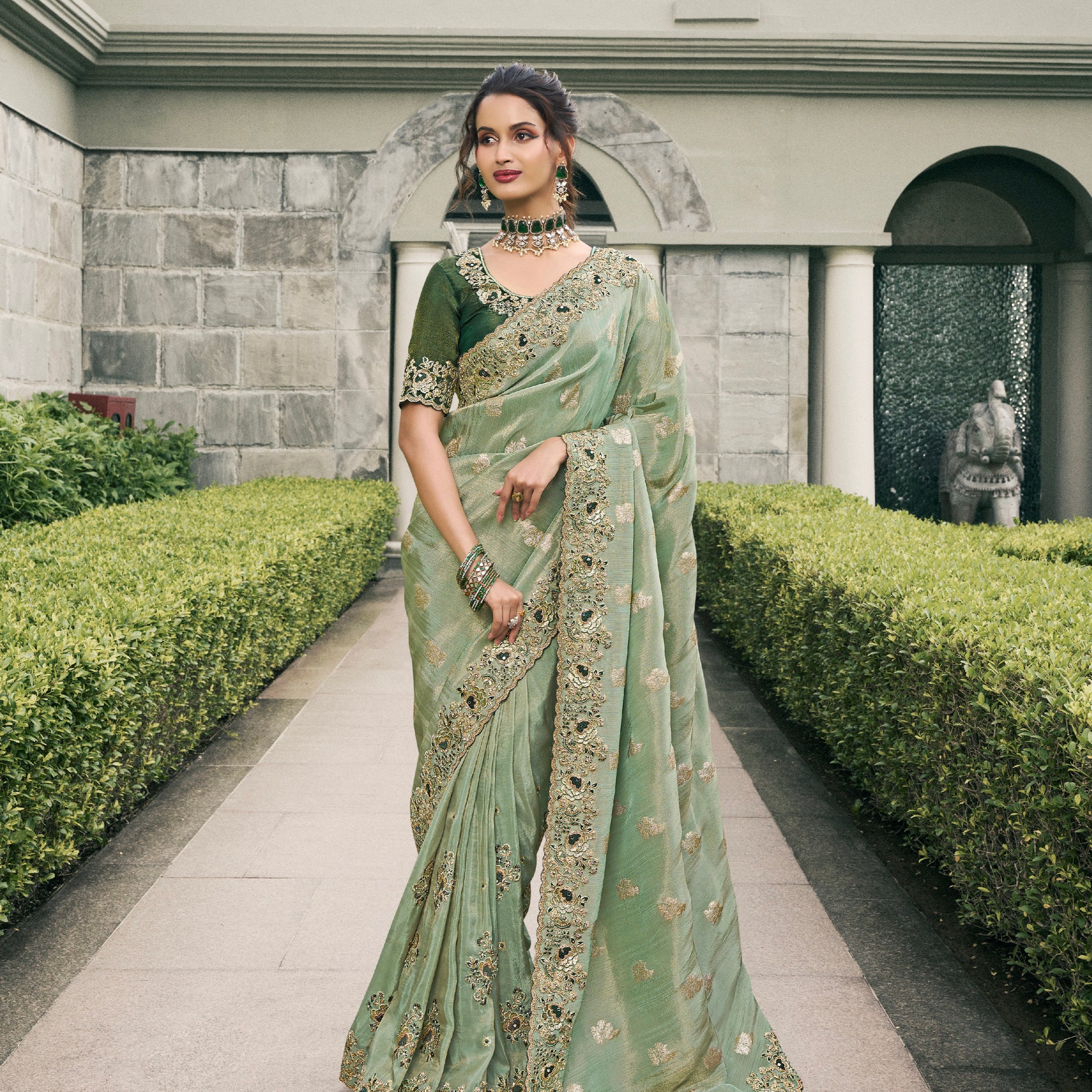 Sage Green Pure Tissue Silk Saree with Stone & Mirror Embellishment
