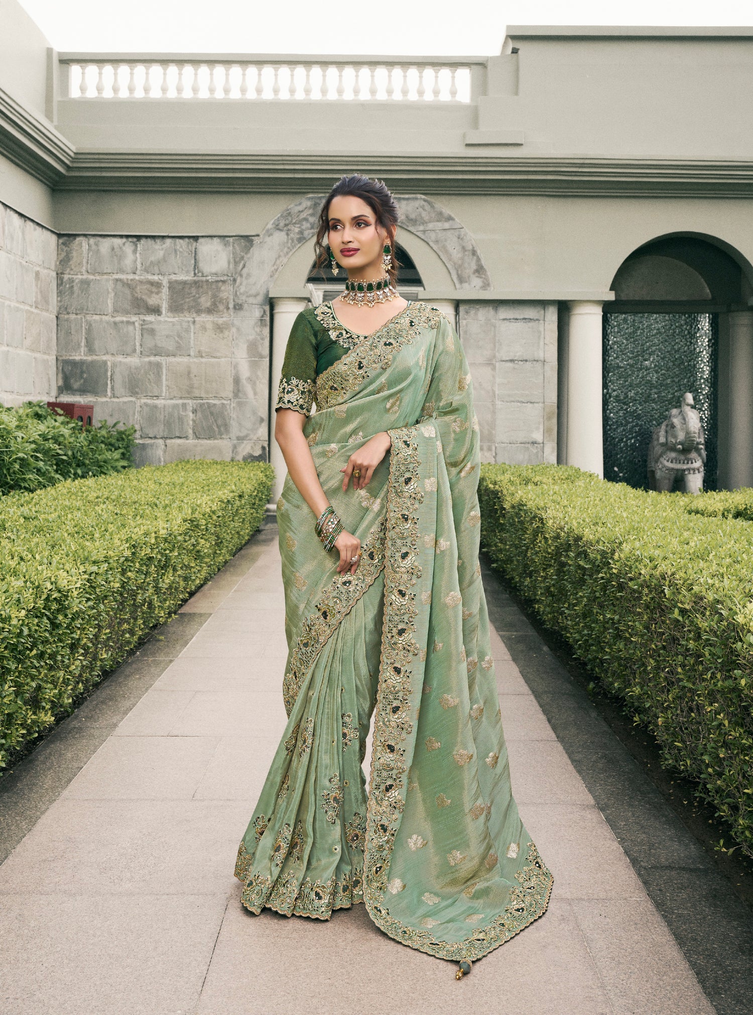 Sage Green Pure Tissue Silk Saree with Stone &amp; Mirror Embellishment