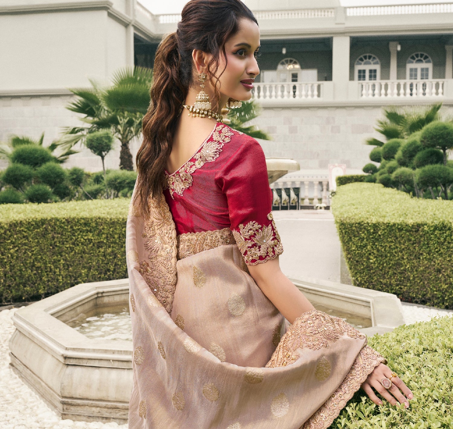 Rose Gold Tissue Silk Saree with Real Mirror Border