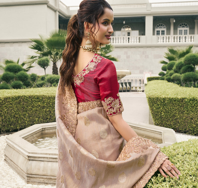 Rose Gold Tissue Silk Saree with Real Mirror Border