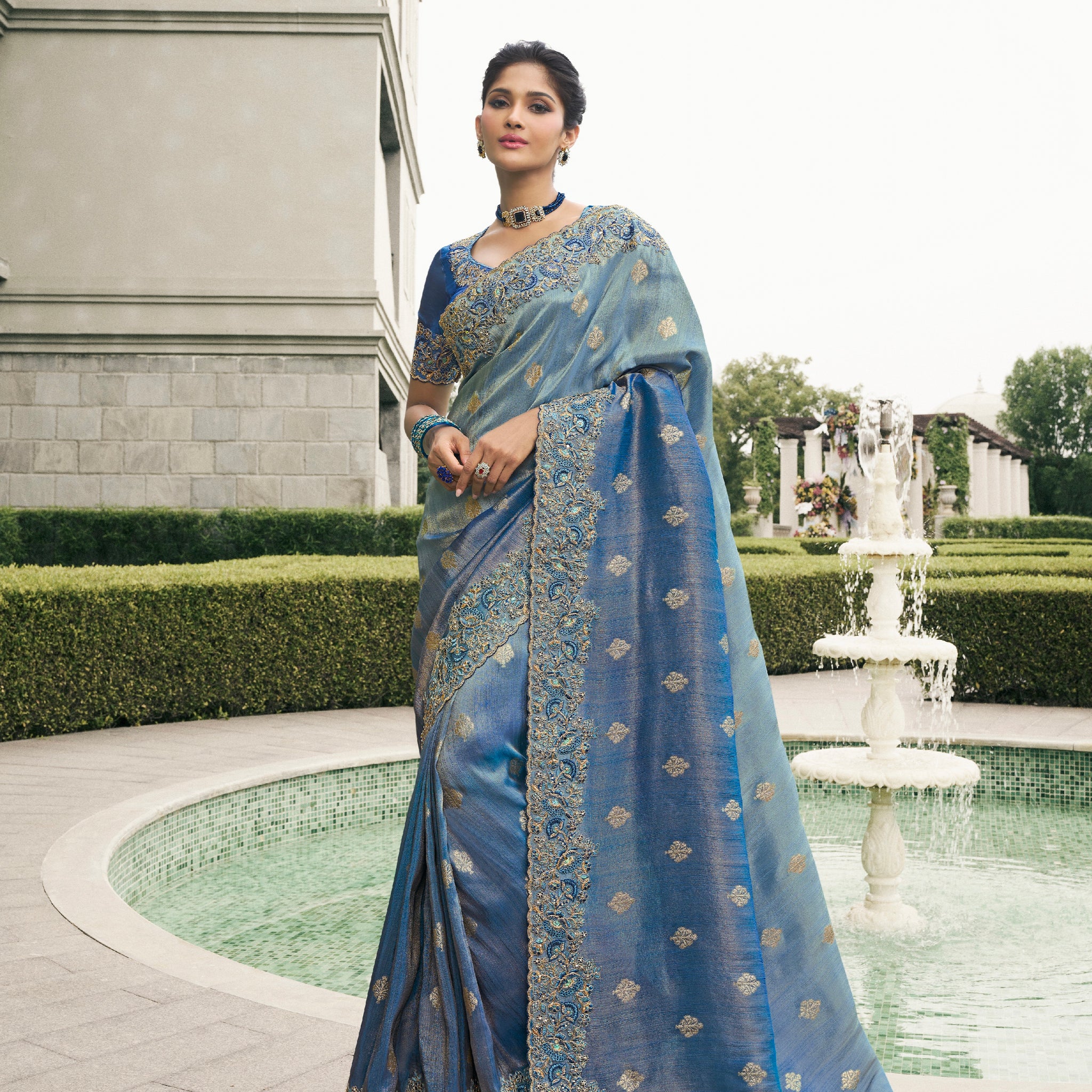 Navy Blue Pure Tissue Silk Saree with Zari Weaving & Mirror Border