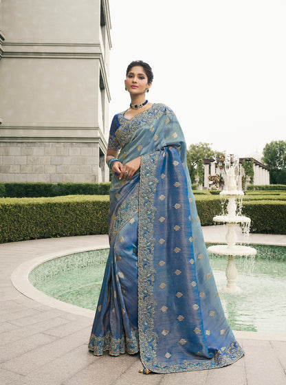 Navy Blue Pure Tissue Silk Saree with Zari Weaving &amp; Mirror Border