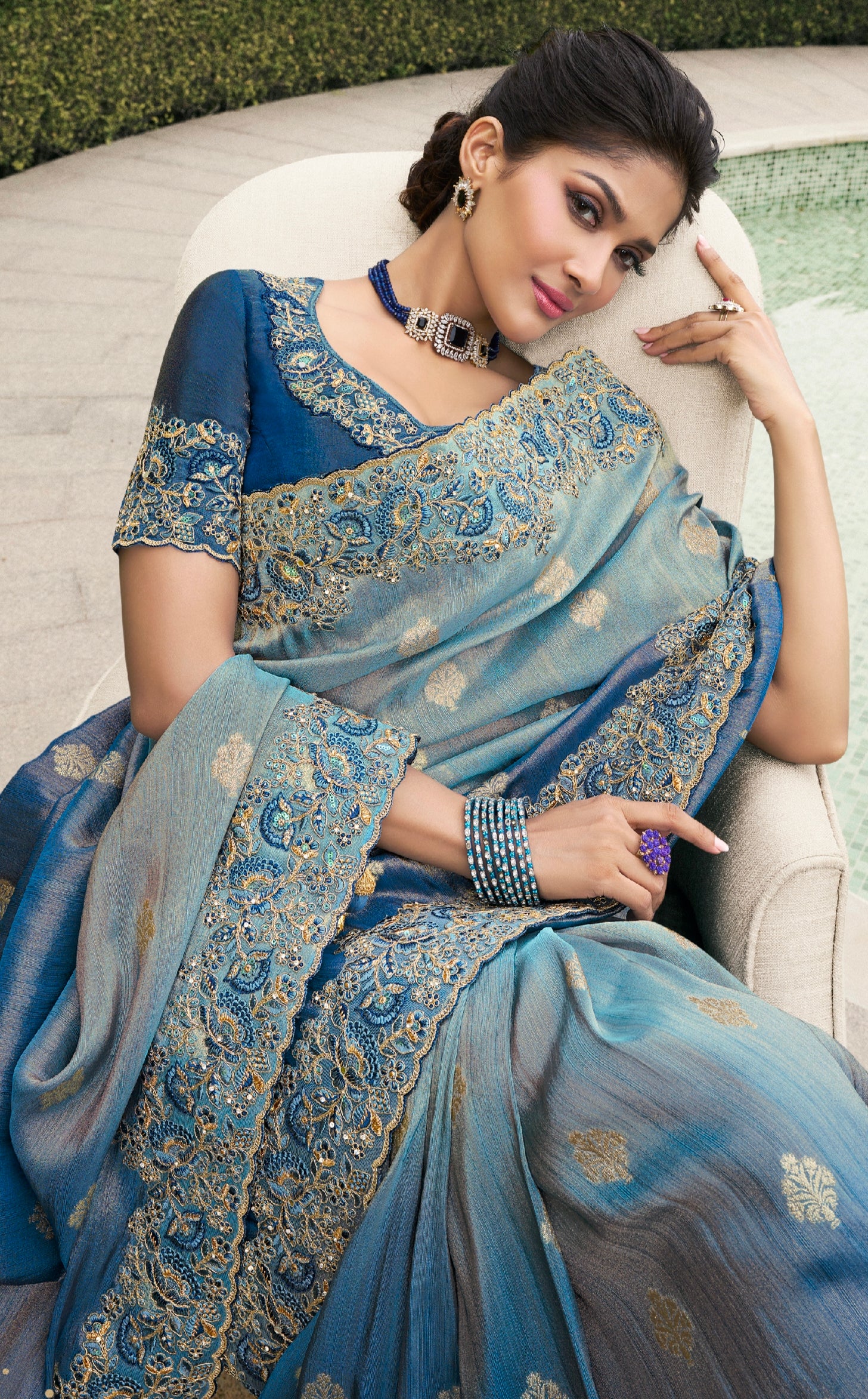 Navy Blue Pure Tissue Silk Saree with Zari Weaving &amp; Mirror Border