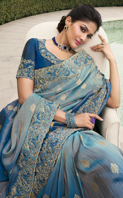 Navy Blue Pure Tissue Silk Saree with Zari Weaving &amp; Mirror Border