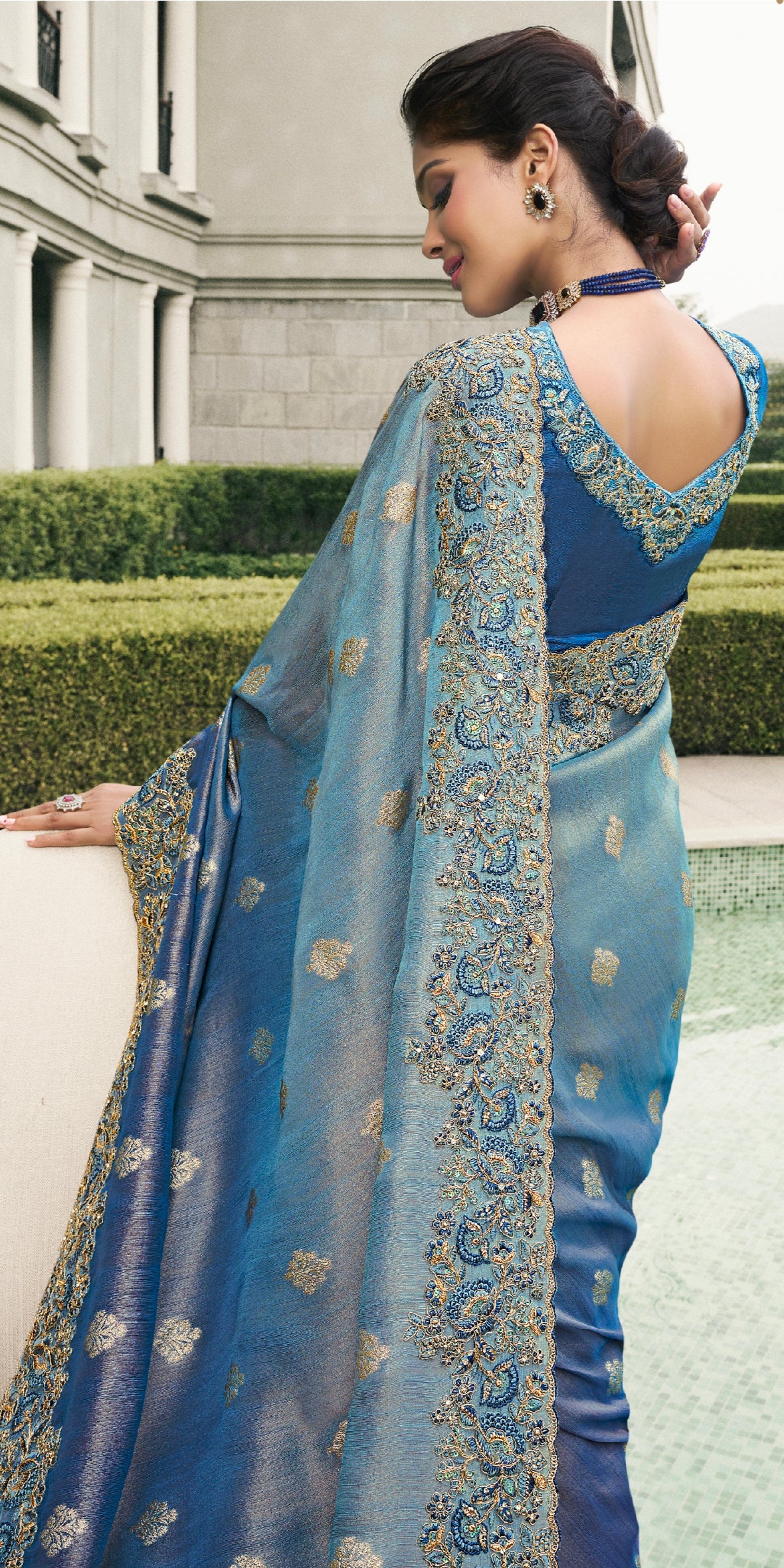 Navy Blue Pure Tissue Silk Saree with Zari Weaving &amp; Mirror Border