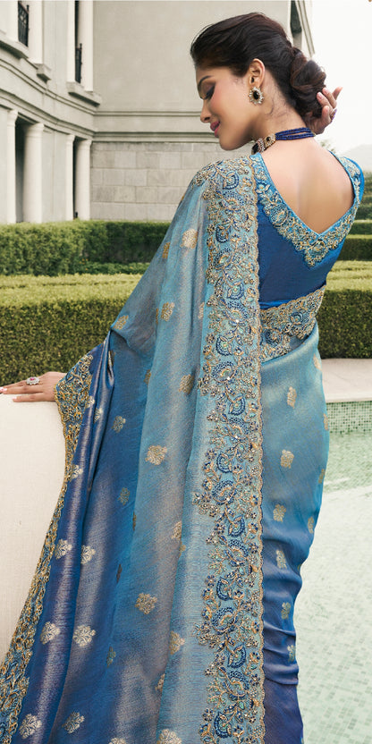 Navy Blue Pure Tissue Silk Saree with Zari Weaving &amp; Mirror Border