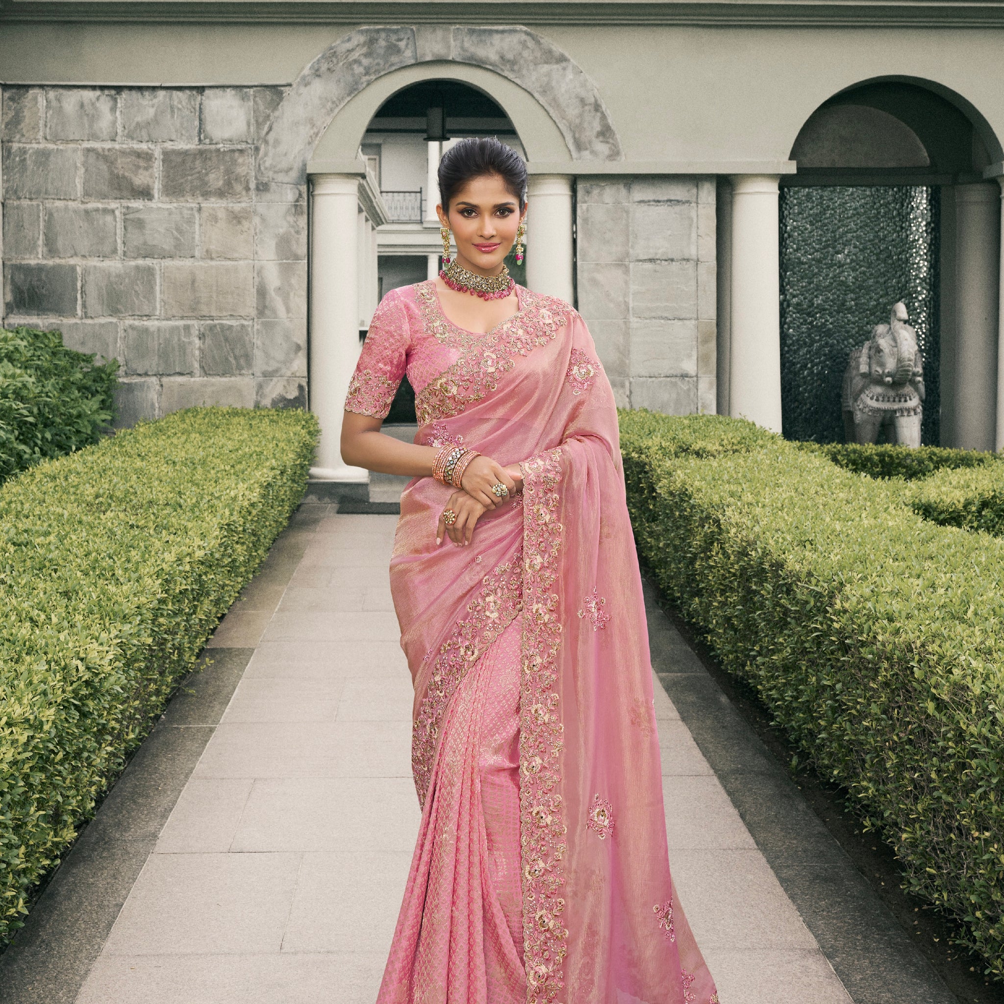 Pink Pure Tissue Silk Saree with Embroidered Mirror Work Border