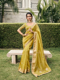 Olive Green Tissue Silk Saree & Zari Weaving & Mirror Embellishments