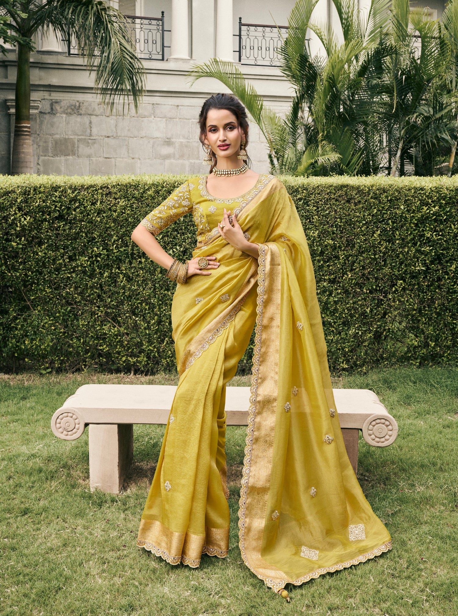 Olive Green Tissue Silk Saree &amp; Zari Weaving &amp; Mirror Embellishments
