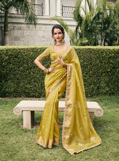 Olive Green Tissue Silk Saree &amp; Zari Weaving &amp; Mirror Embellishments