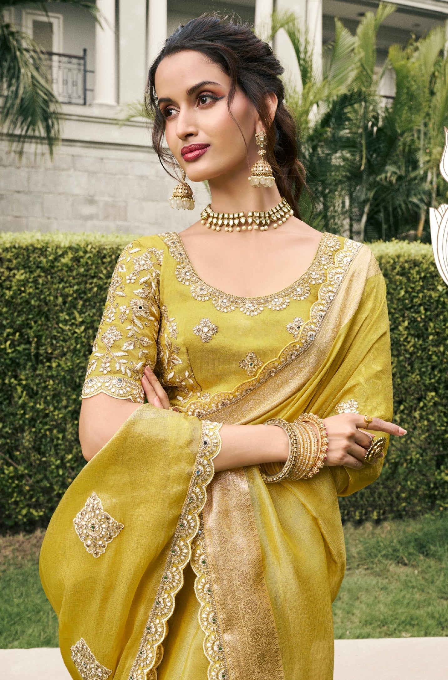 Olive Green Tissue Silk Saree &amp; Zari Weaving &amp; Mirror Embellishments