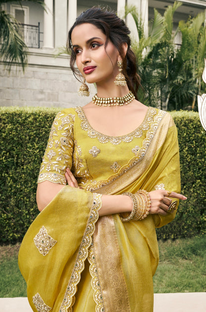 Olive Green Tissue Silk Saree &amp; Zari Weaving &amp; Mirror Embellishments