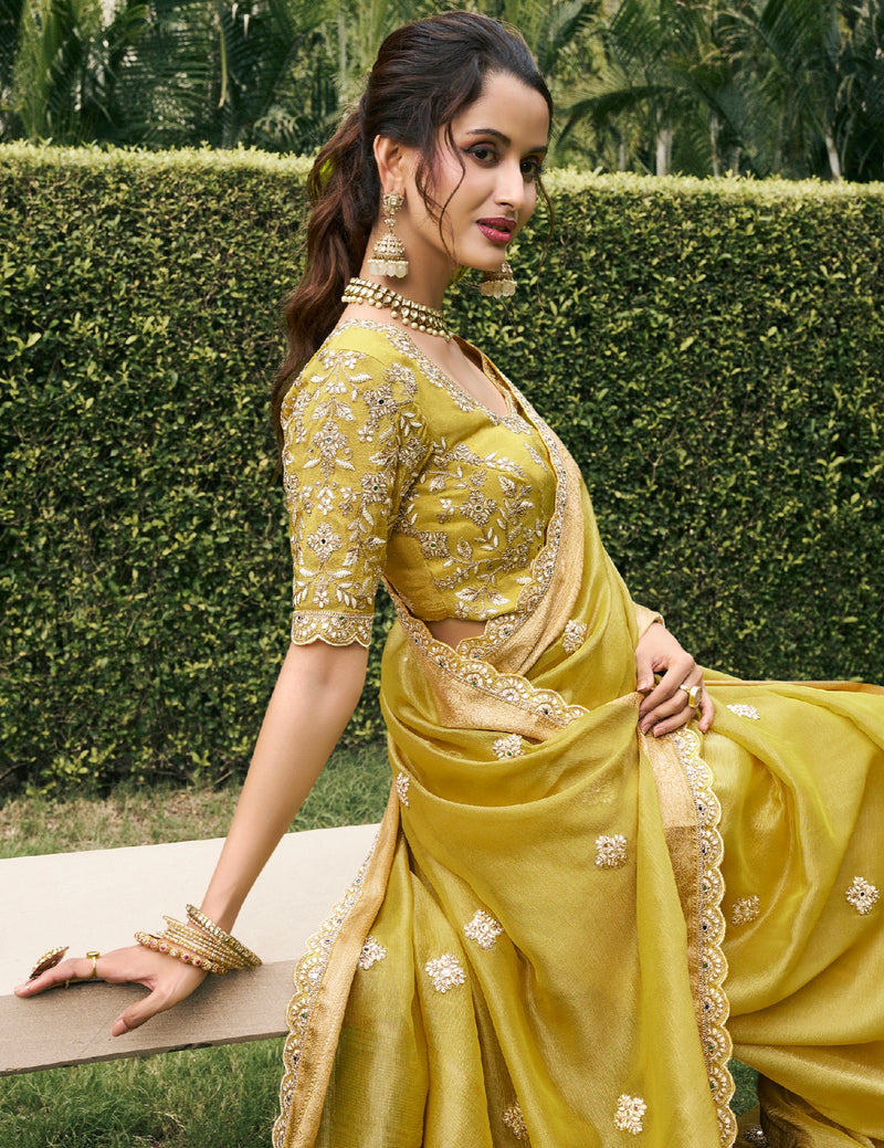 Olive Green Tissue Silk Saree & Zari Weaving & Mirror Embellishments