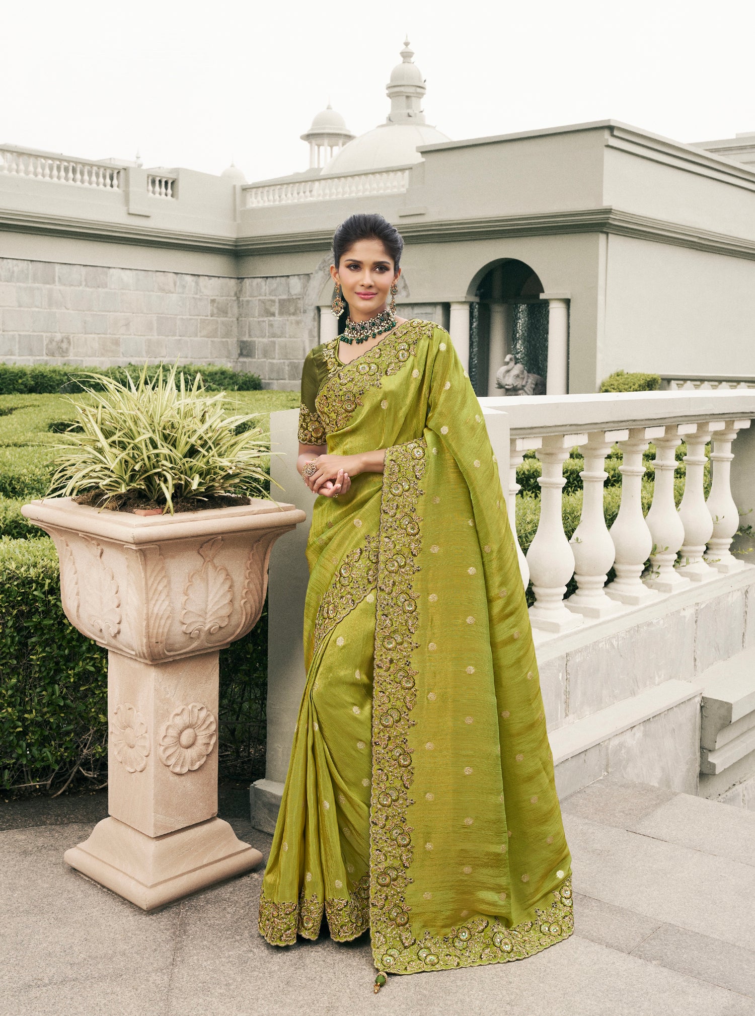 Pistachio Green Pure Tissue Silk Saree with Pearl &amp; Mirror Embroidery